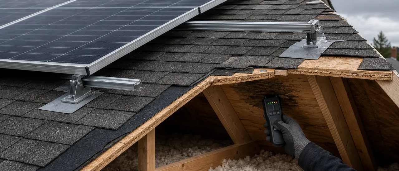 Educational cutaway view of solar-panel roof mounts, flashing, and an attic checked for moisture
