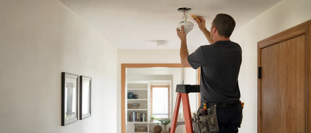 Electrician safely checking a hardwired smoke alarm connection on a residential ceiling