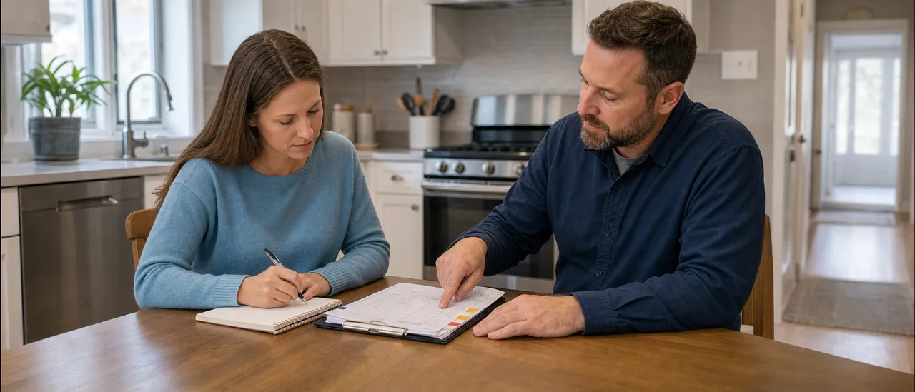 Home buyer and inspector reviewing prioritized findings at a kitchen table