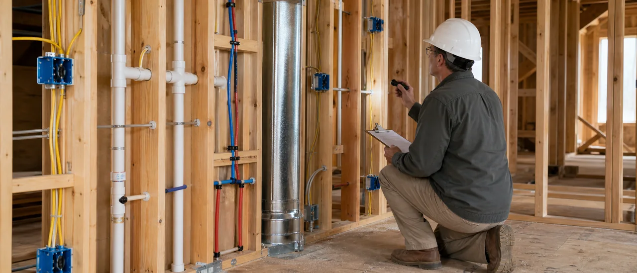 Inspector documenting visible framing, plumbing, wiring, and ductwork before drywall installation