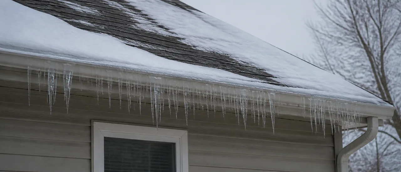 Educational illustration explaining what causes large icicles along a roof edge.