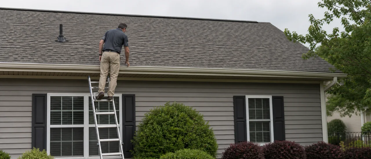 An inspector examining roof shingles from a ladder at a well-maintained home