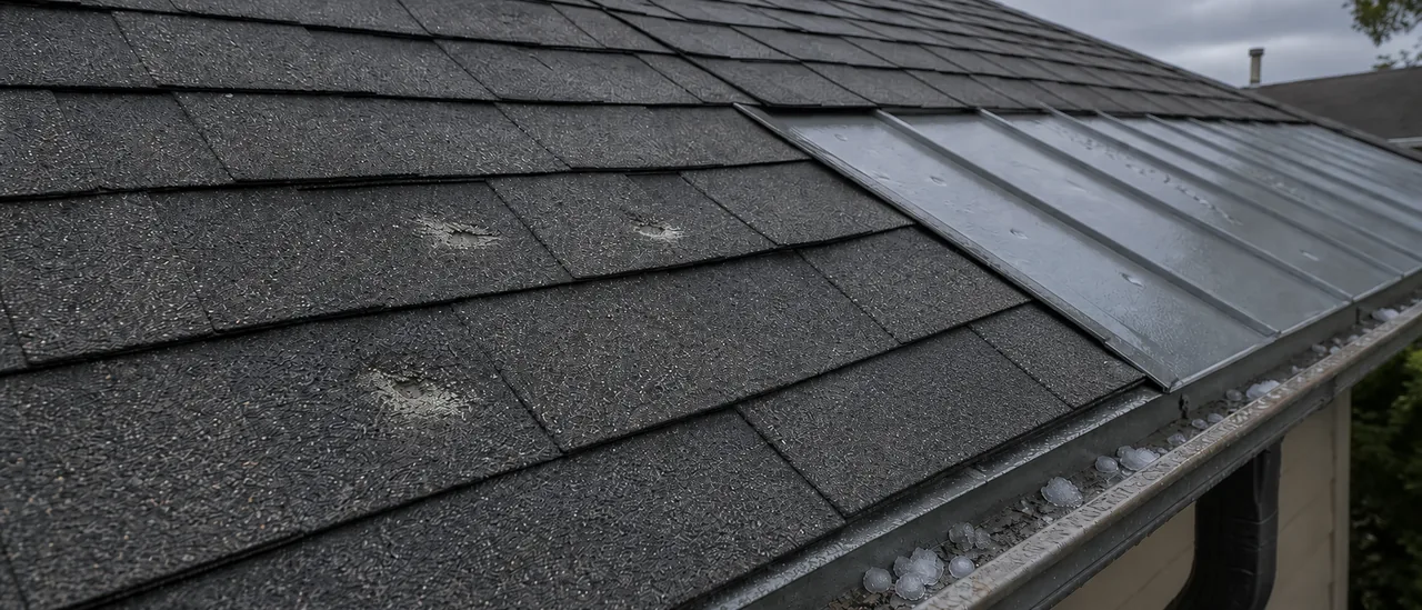 Educational illustration explaining what roof damage can large hail cause.