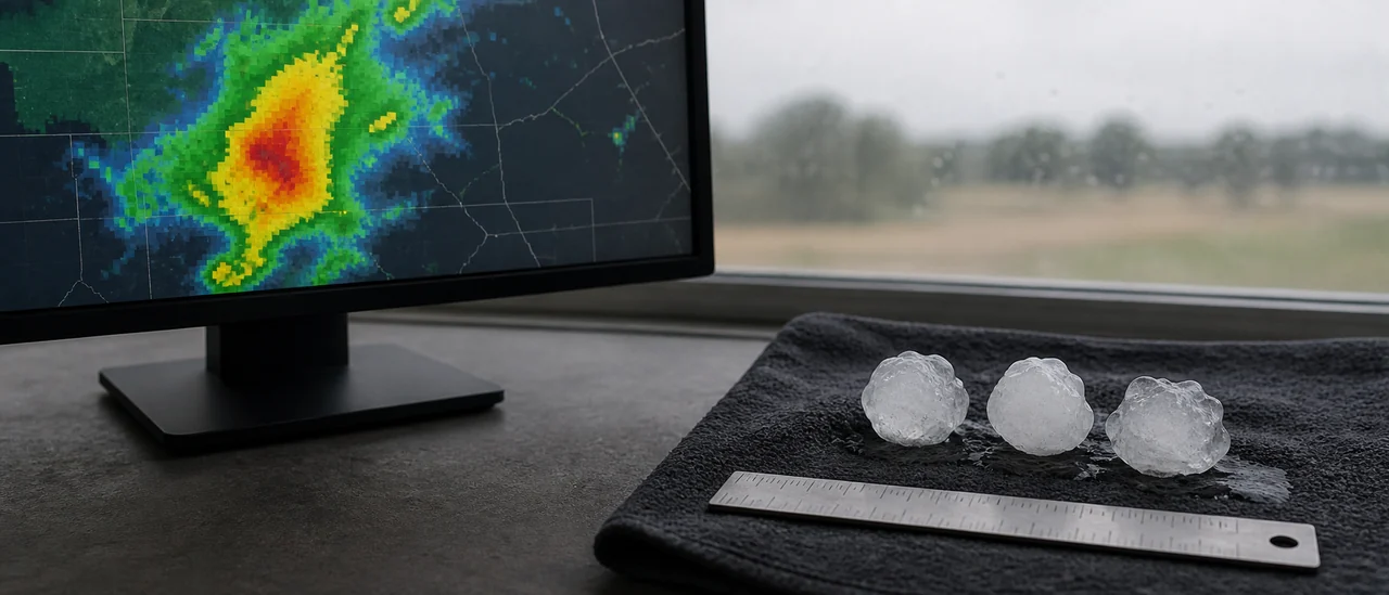 Educational radar display beside measured hailstones, illustrating that MESH is an estimate rather than a ground observation