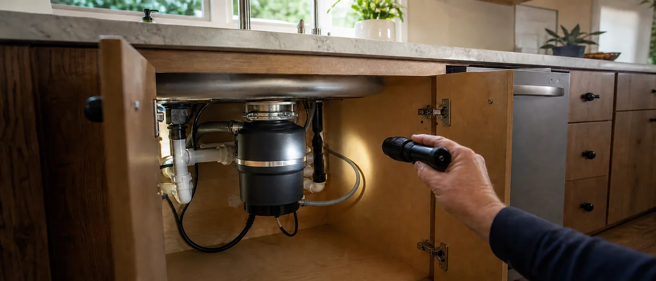 Educational illustration explaining what does a garbage disposal that does not work mean on a home inspection.