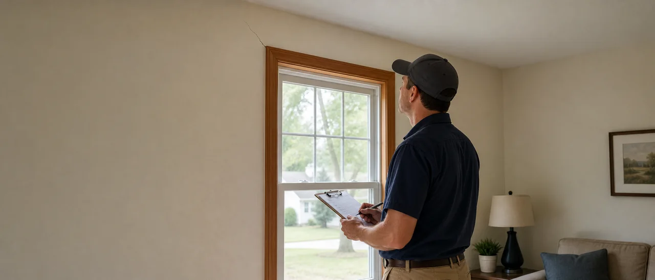 Educational illustration explaining what do cracks around door or window frames mean on a home inspection.
