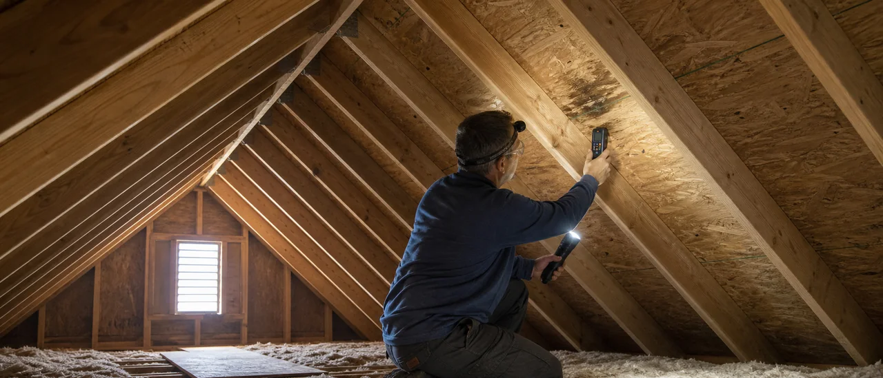Attic view of an inspector examining the underside of wood roof decking