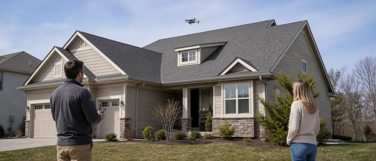 Educational illustration explaining can a buyer attend a drone roof inspection.