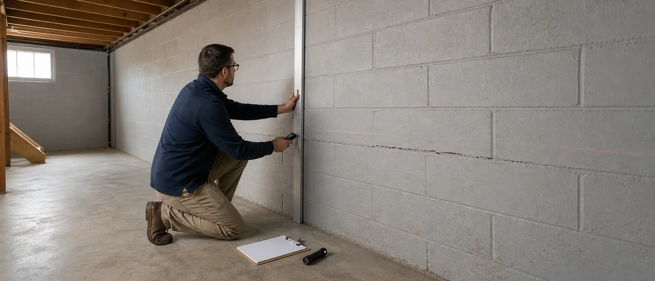 Educational illustration explaining should you buy a house with bowed basement walls.