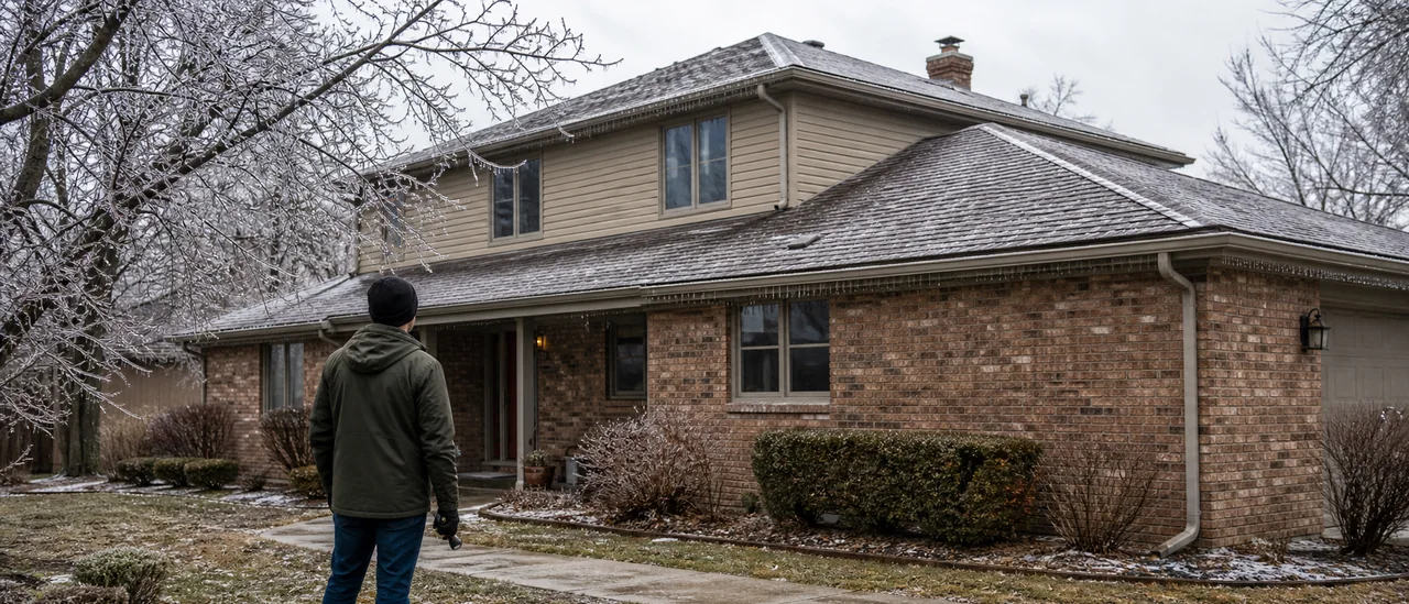 Homeowner checking an ice-covered roof from a safe position at ground level