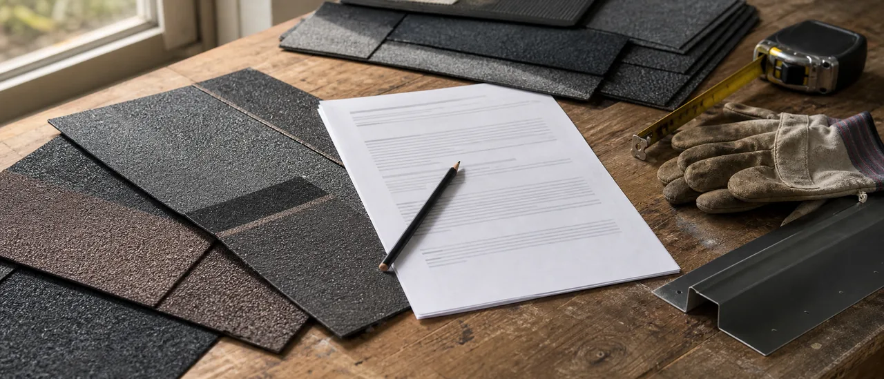 Roofing warranty document beside asphalt shingles and hand tools