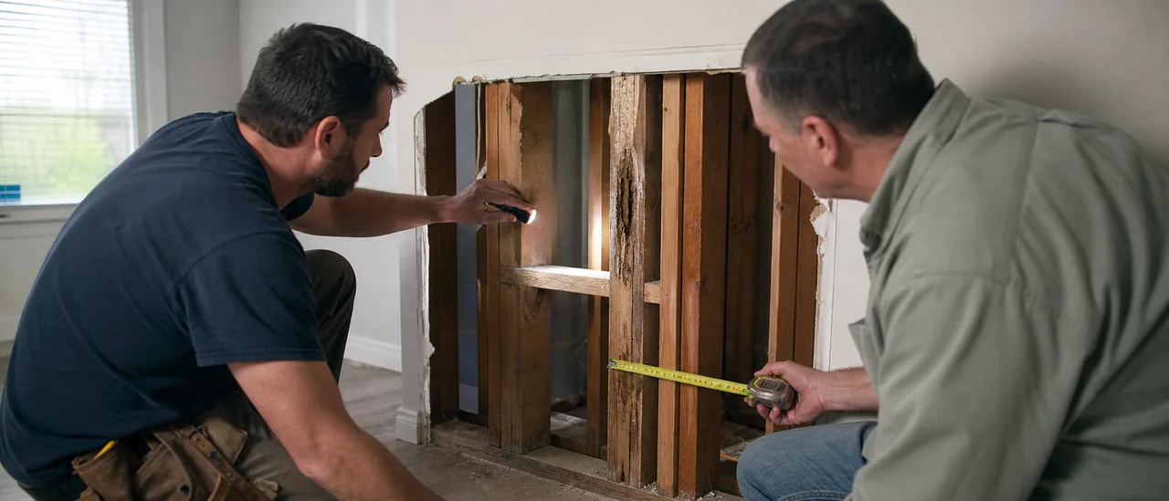 Carpenter examining termite-damaged wood framing in an opened residential wall