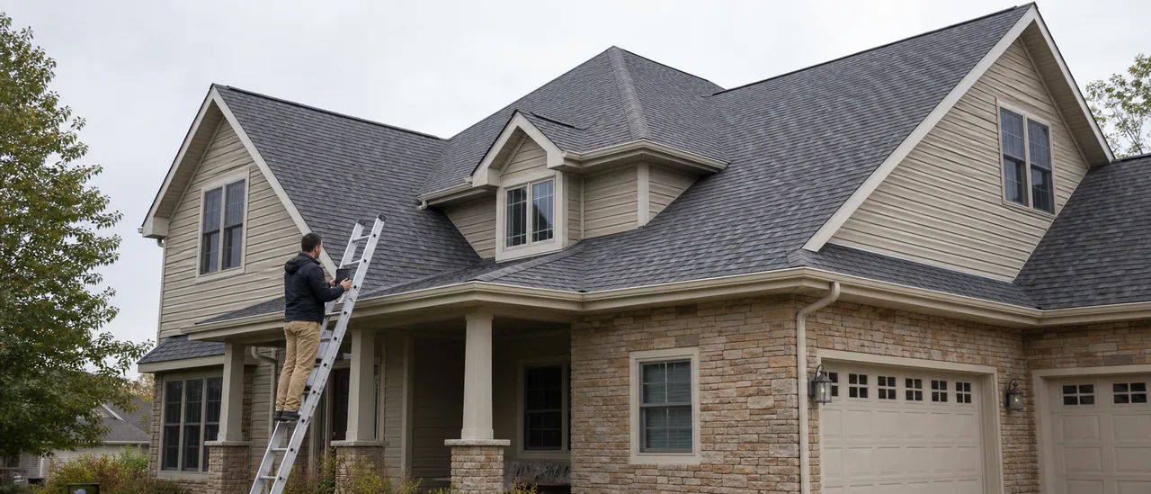 Roof inspector viewing a steep residential roof from a ladder at the eave