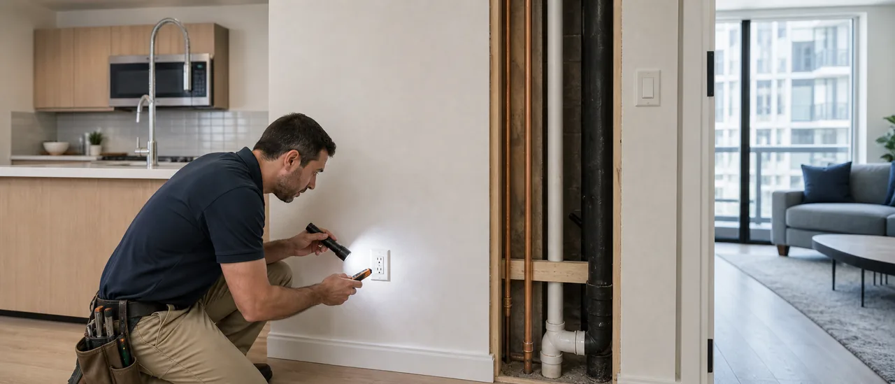 Cutaway view of an inspector checking visible systems inside a condominium unit
