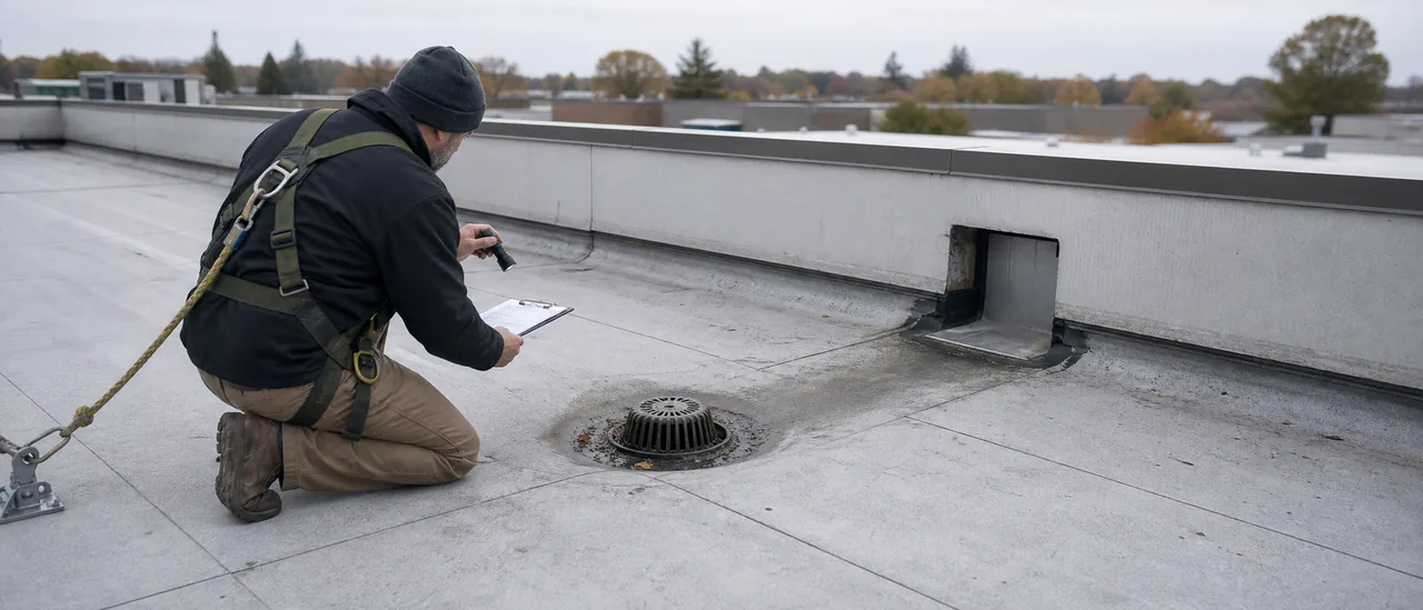 Educational illustration explaining how do inspectors examine roof drains and scuppers.