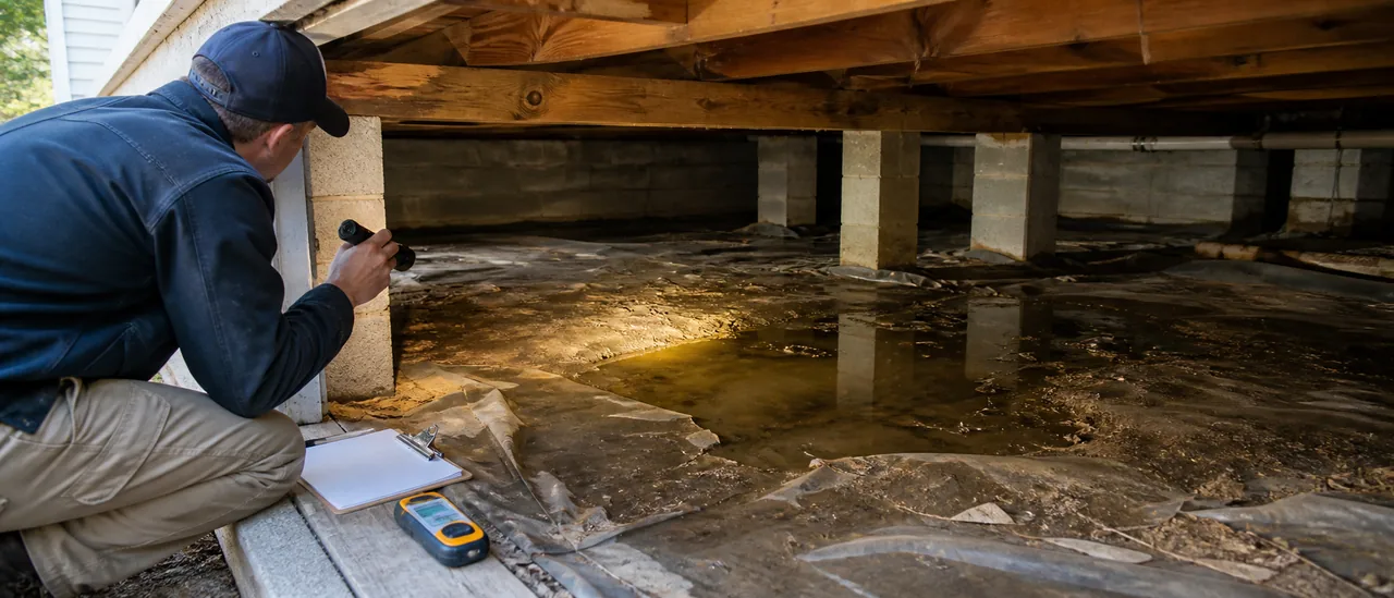Educational illustration explaining should you buy a house with standing water in a crawl space.