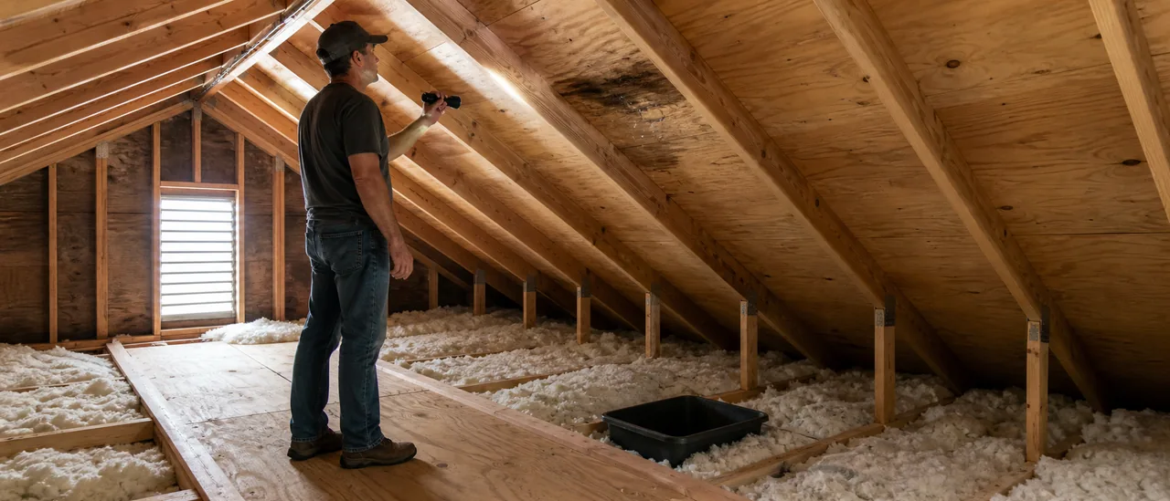 Caretaker safely checking an accessible attic from a stable platform for signs of a roof leak