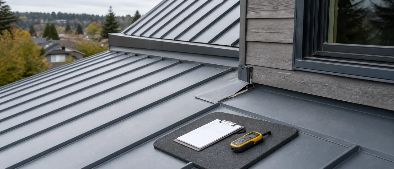 Educational cutaway view of a standing-seam metal roof under inspection