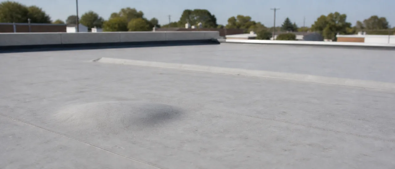 Educational illustration explaining what causes bubbles or blisters in a flat-roof membrane.
