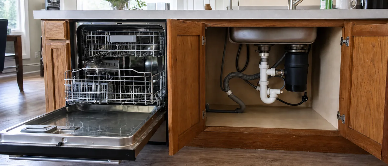 Educational illustration explaining what does a dishwasher that will not drain mean on a home inspection.