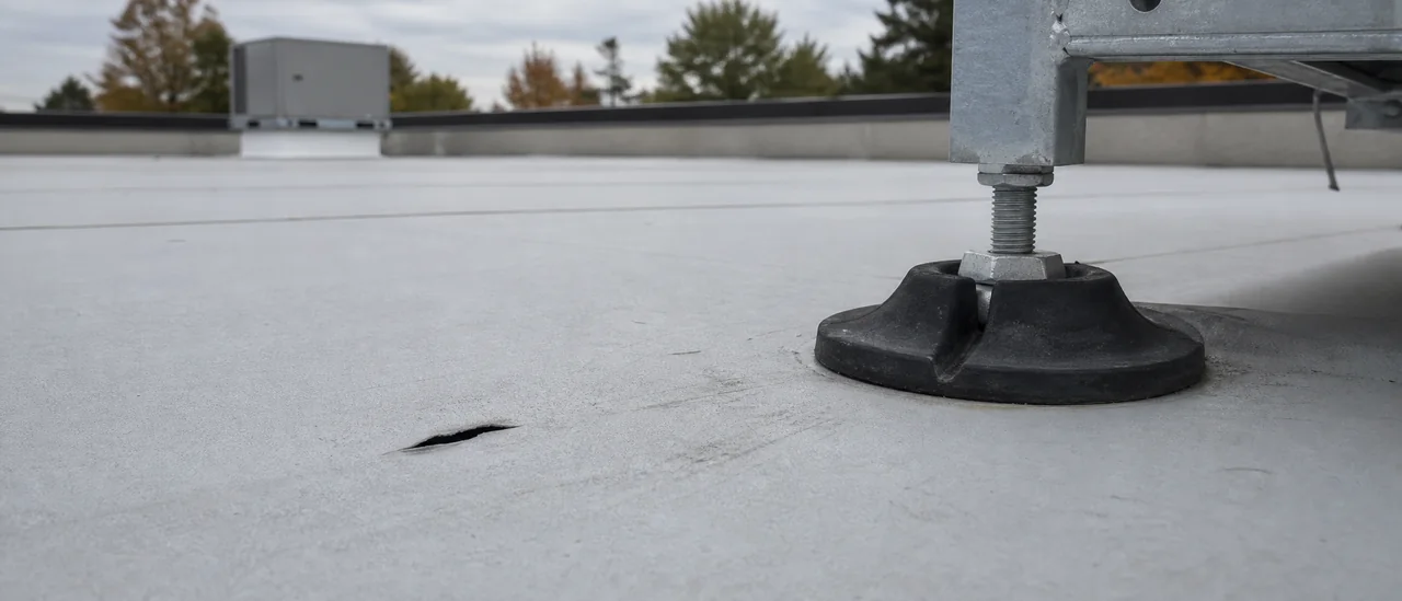 Educational illustration explaining what causes a tear in a flat-roof membrane.