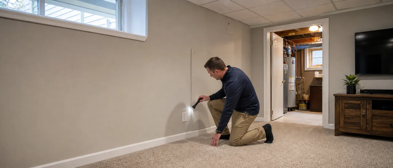 Home inspector examining visible basement finishes while permit records remain unconfirmed