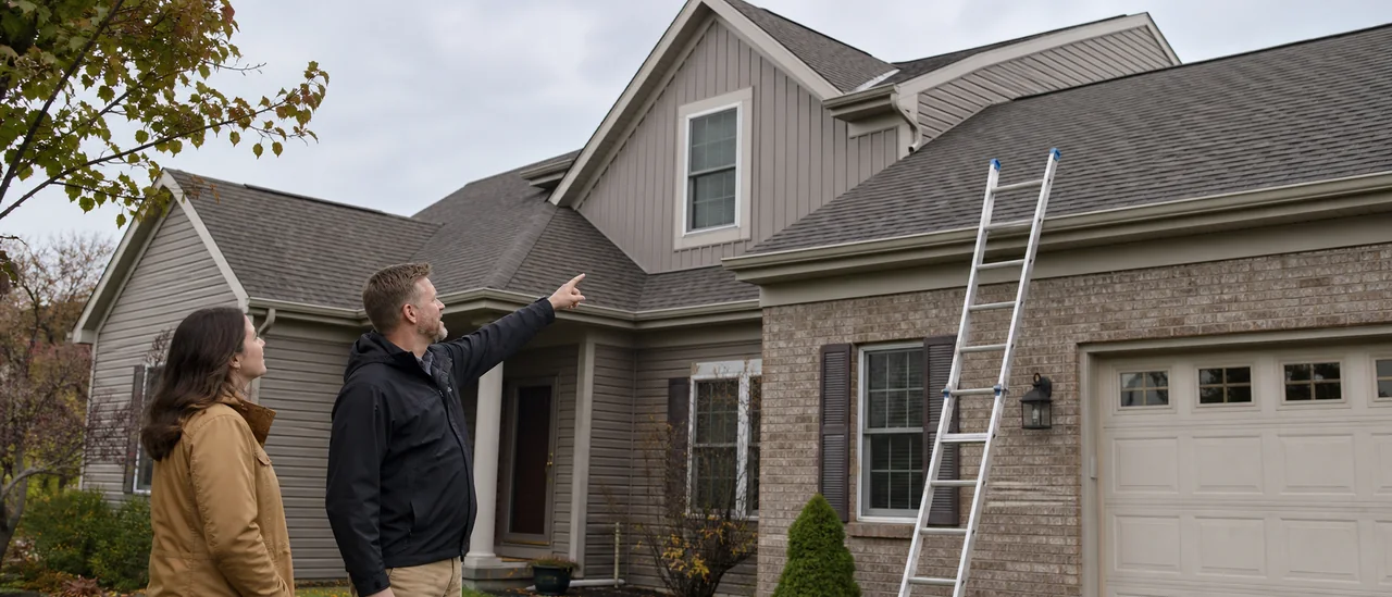 Homebuyer standing safely on the ground while a roof inspector explains visible conditions