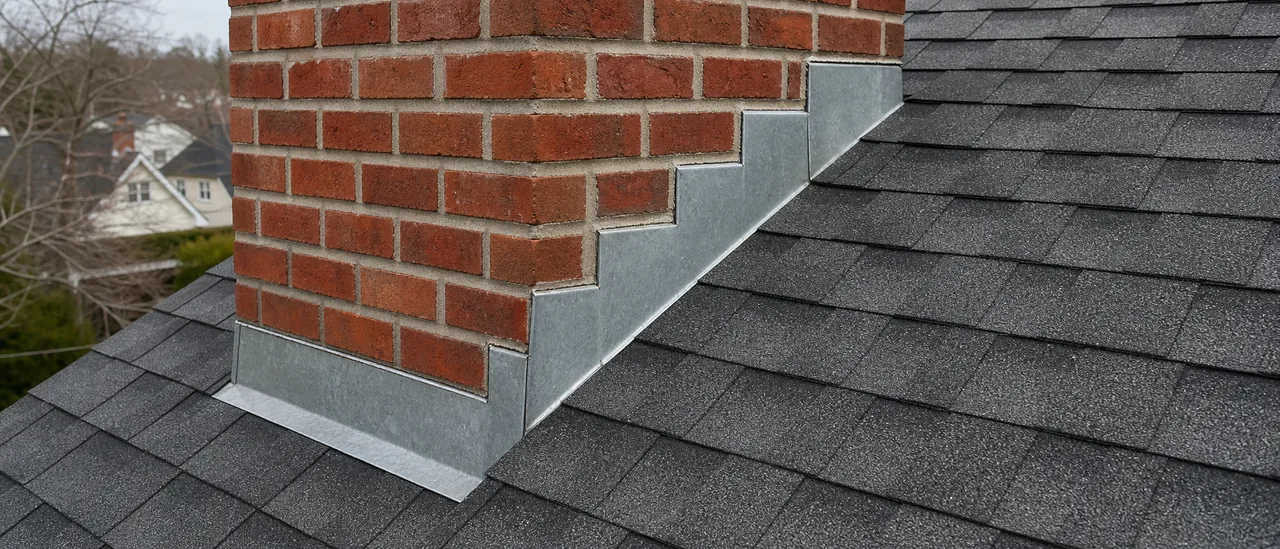 Close view of sound chimney flashing with a neatly sealed counterflashing joint