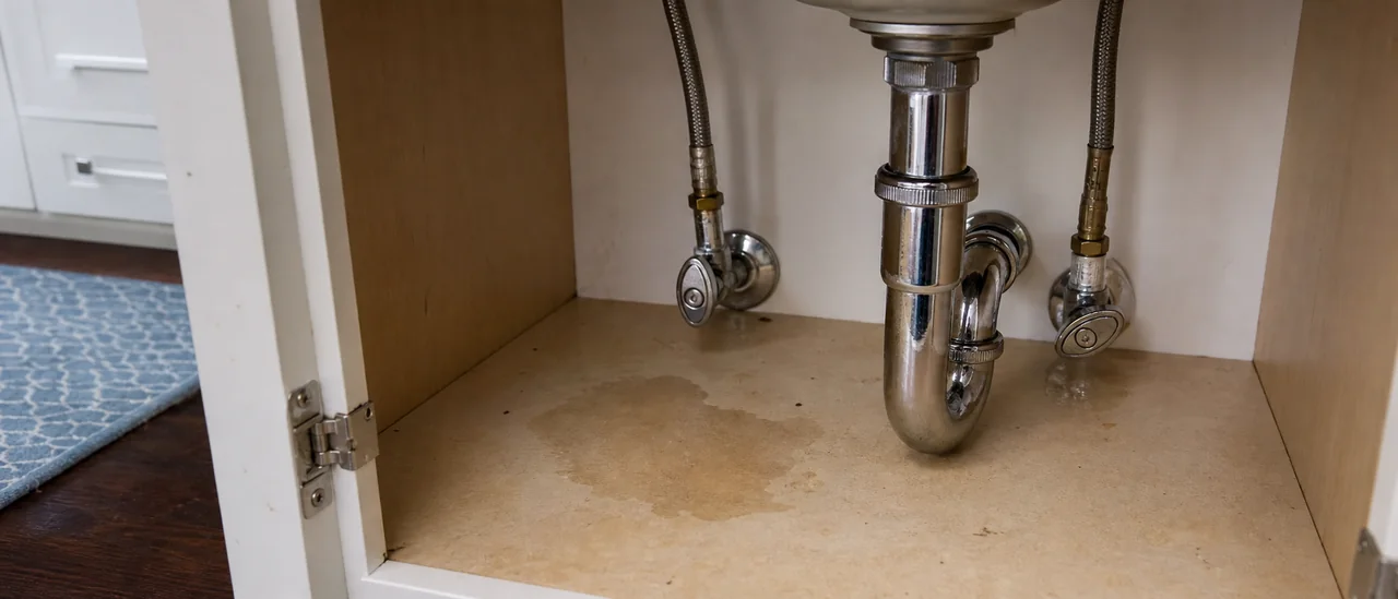 Educational illustration explaining what do water stains under sinks mean on a home inspection.
