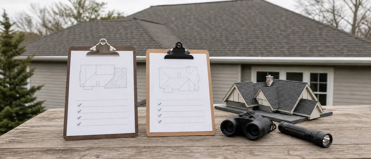 Two roof inspection proposals beside a clipboard, binoculars, and a model house roof