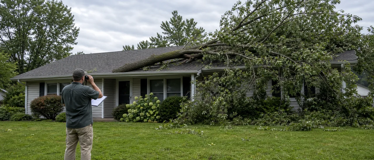 A fallen tree resting on a house roof viewed safely from the yard
